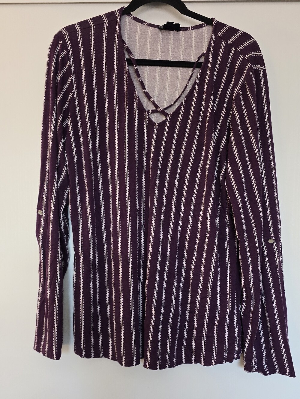 Perch by Blu Pepper - (Plus Size) Stripe Long-Sleeve Criss Cross Top